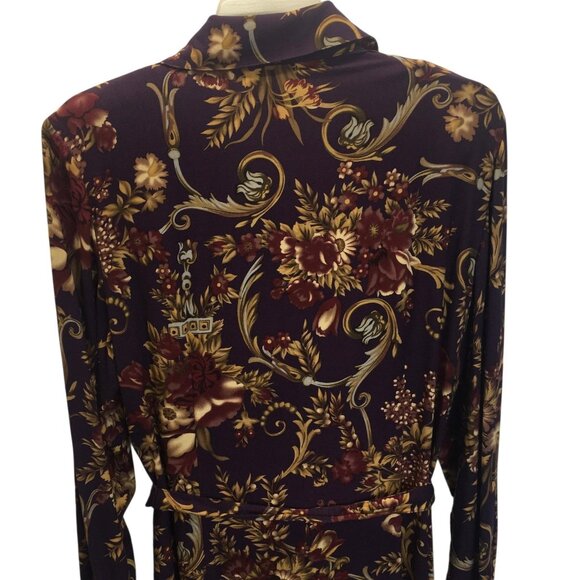 Old Money Classic Shirt Dress Womens 10 Purple Floral Button Belted Rayon - Picture 3 of 15